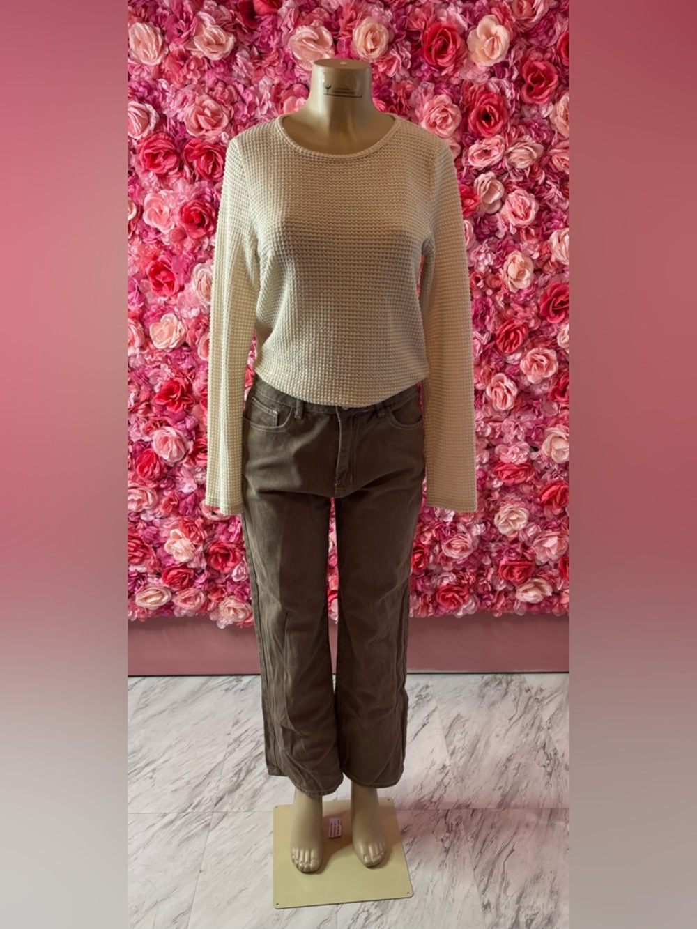 Bold Chunky Knit Cream Sweater & Brown Bootcut Jeans Set(match Up#2)